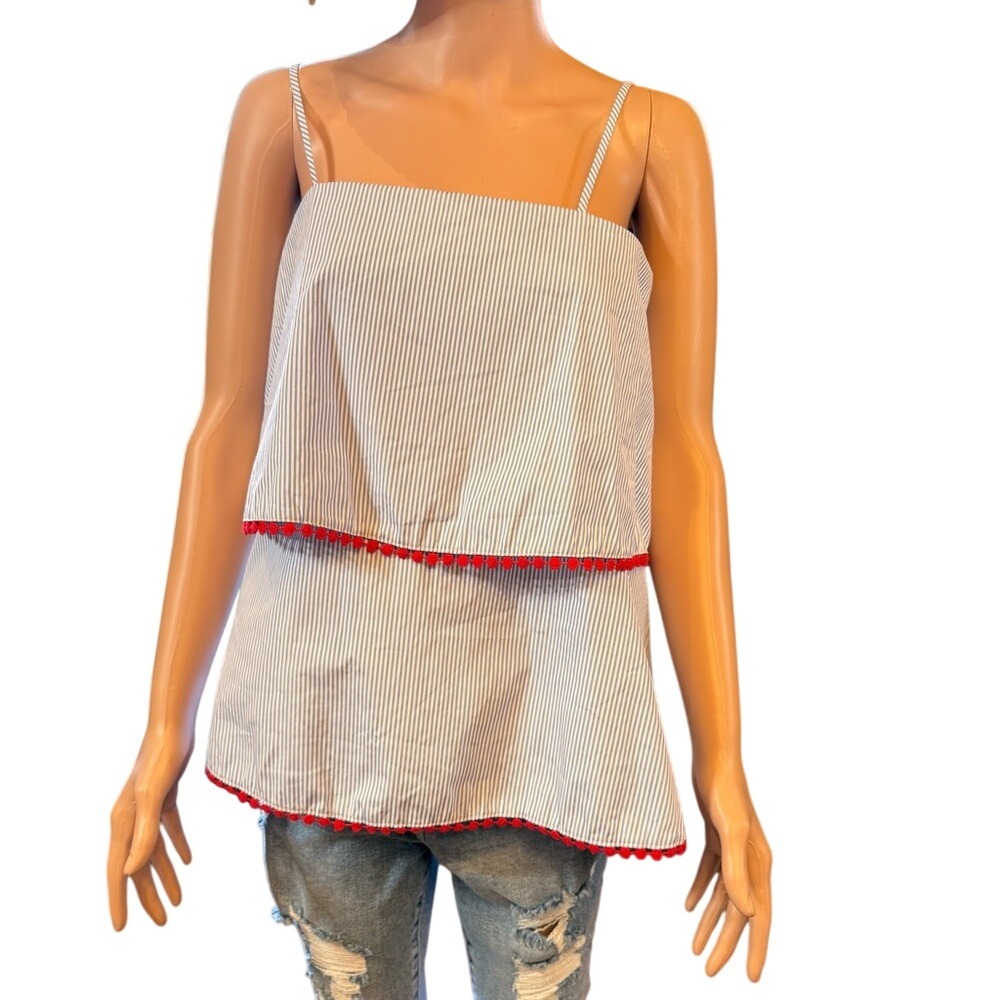 Pleione Womens Blue White Striped 2 Tier Tank Top Red Pom Pom Trim NWT Size M